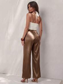 Glamine Women's Elegant Casual Satin Glossy Pants, Espresso Brown Autumn Wide-Leg Trousers, Loose Elastic Waist Drawstring For Vacation, Business - Coffee Brown - View 3