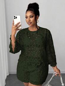 Maweii Plus Size Women Hollow Design High Waist Fashionable Shorts - Olive Green - View 7