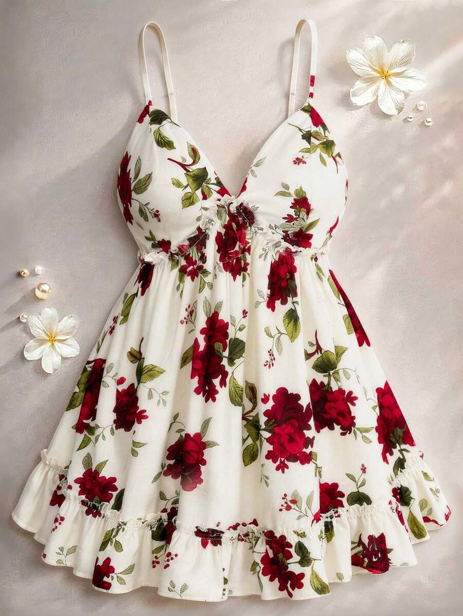 Sweetra Plus Size Women Floral Print Camisole Mesh Top - Multicolor - View 1