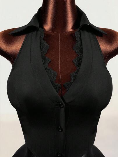 Mistrie Women's Fashion Versatile Lace Button Splice Halter Blouse