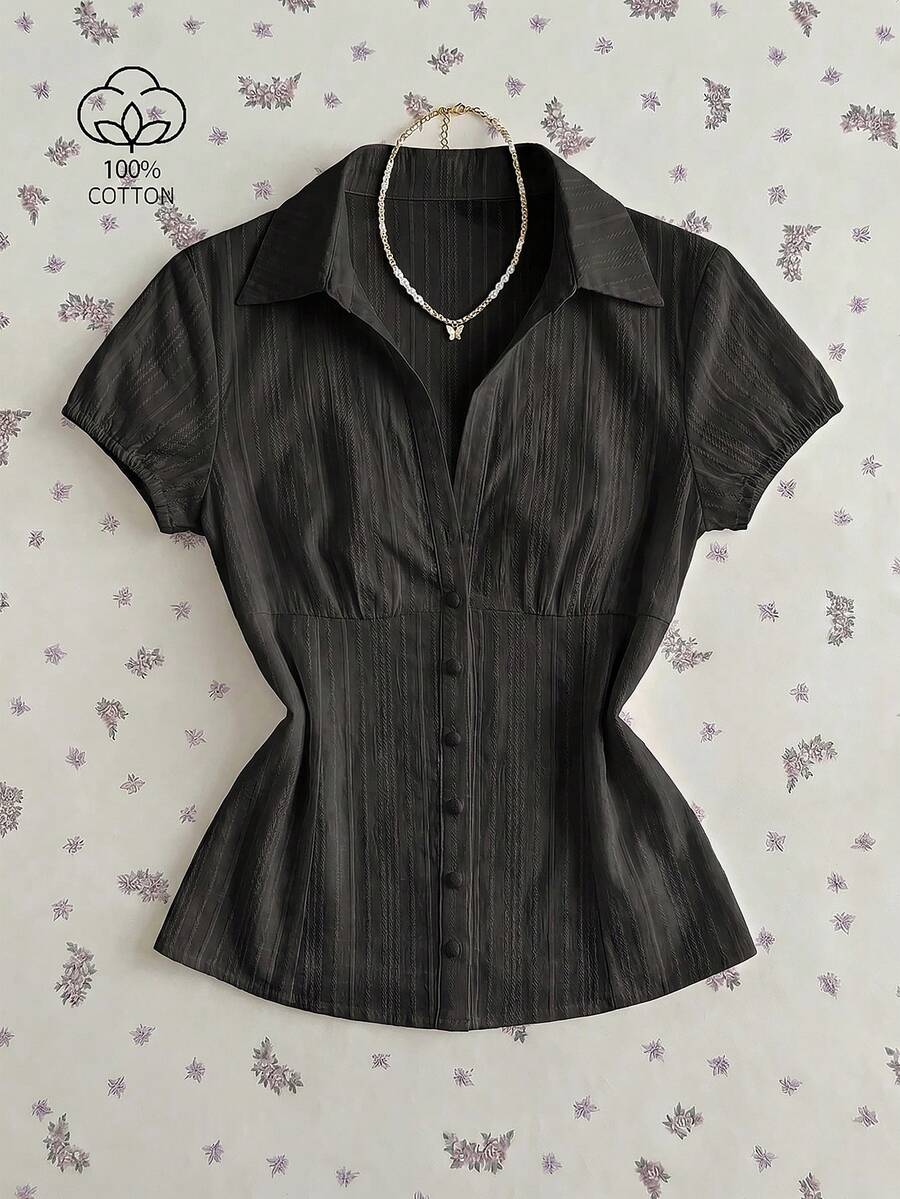 SHEIN Unity Women's V-Neck Vintage Mushroom Button Textured Jacquard Casual Vacation Cinched Waist Blouse - Black - View 1