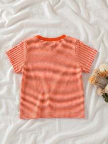 SHEIN Playful Pals 1歲女嬰/幼兒紅白色條紋短袖T恤上衣，柔軟針織夏季休閒畢業款羅紋領寬鬆舒適T恤 - 橘色 - 查看 2