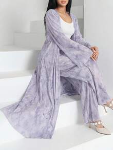 Veilorie 2 piezas Conjunto de top de manga larga con estampado total y pantalones de cintura elástica para mujer - Multicolor - Ver 1