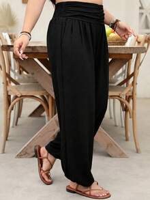 EMERY ROSE Plus Size Women Casual Vacation Elastic Waist Pleated Pants Fall - Black - View 5