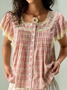 SoleilVie Blusa con cuello cuadrado, abotonada, con parches de encaje floral y mangas con volantes - Rosa Pálido - Ver 4