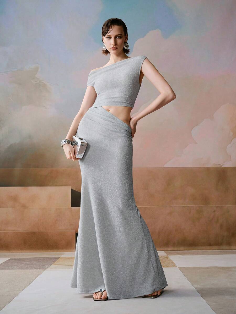 Silver Metallic Knit Maxi Dress, High Drape Fit, Asymmetric Shoulder Design Accentuates Body Curves. Precise Waistline Exposure, Ruched Details Add Dimension, Flattering Yet Not Overstated, Natural Curve-Hugging When Walking. - Silver - View 1