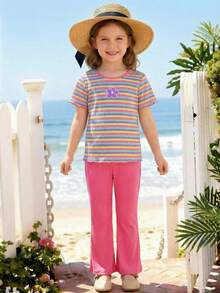 2 pièces Top rayé coloré décontracté pour jeunes filles assorti avec un pantalon large rose, Top assorti avec des fleurs 3D violettes. Convient pour le port quotidien, le parc, les voyages, la rentrée scolaire - Rose vif - Voir 3