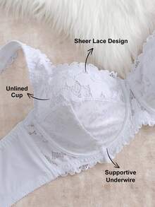 Áo ngực Base Rule Underwear & Sleepwear 1 chiếc dành cho nữ cỡ lớn, có gọng, họa tiết ren hoa, không đệm mút, thoải mái và nâng đỡ tốt, dây đeo rộng. - trắng - Xem 3