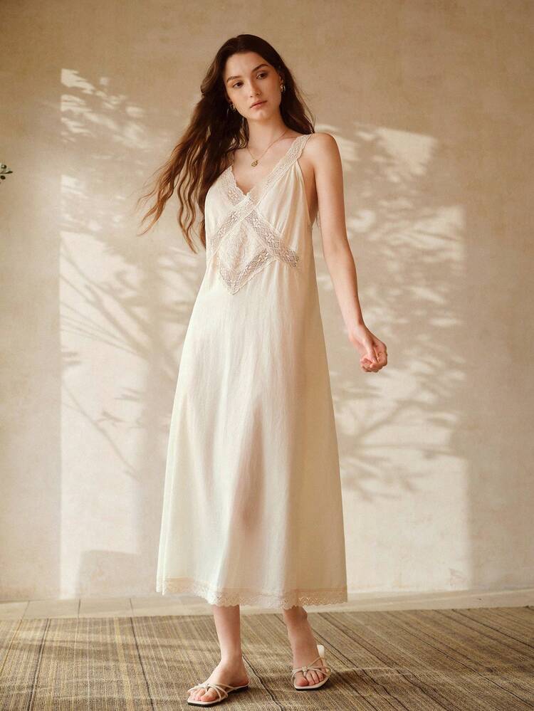 WOMEN'S EMBROIDERY V-NECK SLEEP DRESS, SPRING/SUMMER
