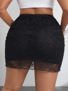 SHEIN PETITE CURVE Plus Size Black Autumn Elegant Night Knit Mesh , Petite Fitted Y2K Style Skirt, Casual Summer Holiday For Party, Wedding, Graduation Ceremony - Black - View 8