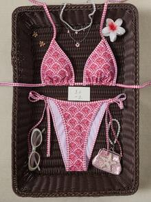 Swim Mod Bikini Halter Dua Potong Motif Cetak Seluruh Permukaan untuk Liburan Pantai Kasual Wanita - Berwarna merah muda - View 4