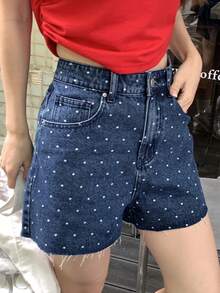 DAZY 女士波点爱心印花口袋休闲牛仔裤 - 藍色 - 查看 1