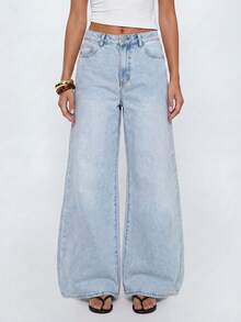 Avantive Quần jeans nữ ống rộng, túi xéo, kiểu dáng thường ngày, chất liệu denim mài, thích hợp mặc hàng ngày. - Rửa trung bình - Xem 6