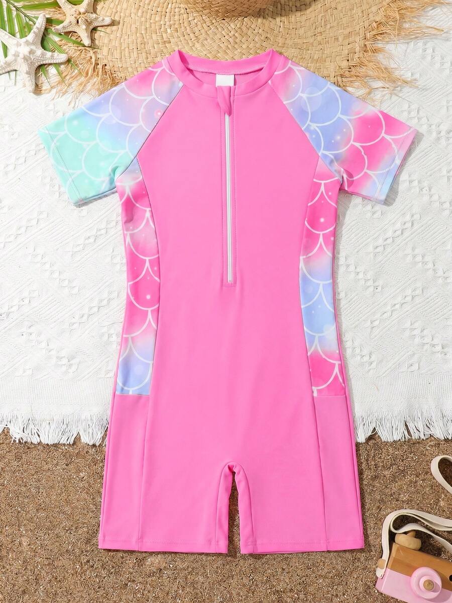 SHEIN Tween Girls Mermaid Scale Printed One-Piece Swimsuit,Pink Summer Cute Beach Holiday Short Sleeve Rashguard Rash Guard Set Swimming Suits For Teens - Pink - View 1