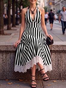 Editum Vestido de verano elegante de mujer con cuello en V halter, con parches de encaje a rayas - Blanco y Negro - Ver 4