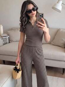 SHEIN 少女针织条纹圆领短袖修身T恤和配套休闲裤套装，百搭时尚 - 棕色 - 查看 3