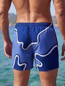 Solantero Men's Navy Blue Summer Casual Letter Print Drawstring Waist Beach Shorts,Holiday Pool Party Vacation Swim Trunks,Breathable Tropical Bathing Shorts - Blue - View 2