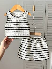 Conjunto informal de top corto de tirantes a rayas y shorts para niña, negro y blanco - Blanco y Negro - Ver 7
