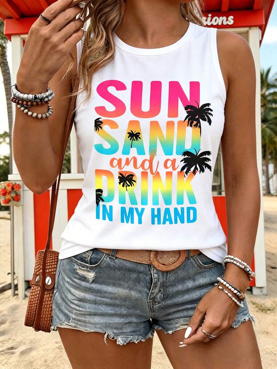 Maweii Plus Size Summer Vacation Letter & Coconut Tree Print Tank Top - White - View 1