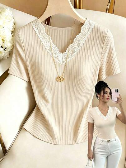 Elenzga V-Neck Lace Patchwork Ribbed Slim Fit Stylish Short Sleeve Blouse For Women