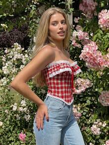 Glamine Charm Women's Fashionable Plaid Ruffle Hem Tube Top For Summer Corset Top Women Red Plaid Corset Top Western Corset Top - Red - View 7