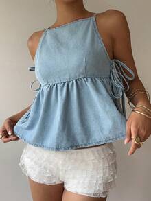SHEIN PETITE Women's Casual Washed Side Tie Denim Blouse, Summer - Light Wash - View 3