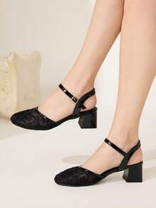 CUCCOO CHICEST Ladies Round Toe Fashion Simple Mesh Casual Mary Jane Saddle Strap High Heel Coarse Heel Sandals Summer Shoes - Black - View 1