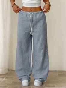 SHEIN PETITE Casual Striped Wide Leg Pants With Drawstring Waist - Blue - View 3