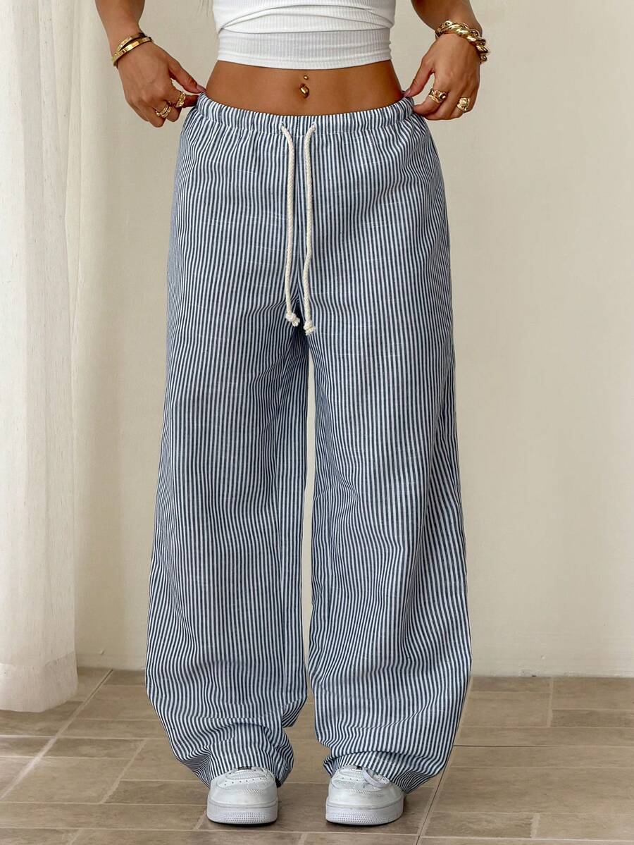 SHEIN PETITE 休闲条纹阔腿裤，带抽绳腰带 - 藍色 - 查看 1
