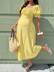SHEIN Maternity Summer Solid Color Ruched Side Tie Wrap Puff Sleeve Dress - Yellow - View 4