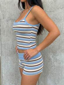 SHEIN EZwear Summer Contrast Color Striped Print Trim Camisole And Shorts Set - Multicolor - View 3
