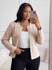 SHEIN Lady CURVE Áo khoác da lộn màu đen cỡ lớn cho nữ, thanh lịch cho trang phục đi làm hàng ngày và công sở - Màu be - Xem 6