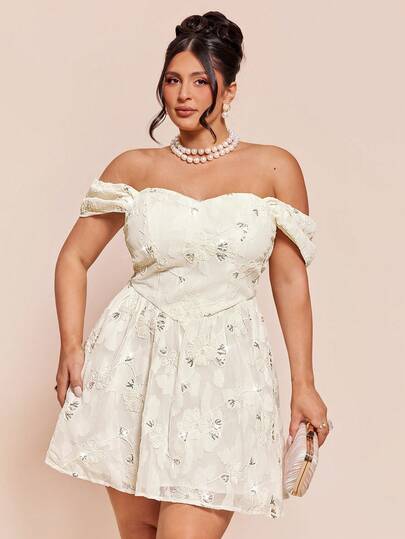 SHEIN BAE Plus Size Women's Apricot Beaded Embroidery Short Off-Shoulder Dress