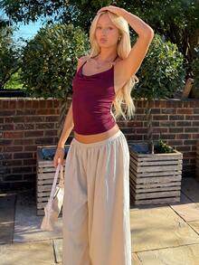 Theaadoraa Loose Textured Casual Wide Leg Pants, Summer Resort Wear, Fall Women , Vacation Women - Apricot - View 7