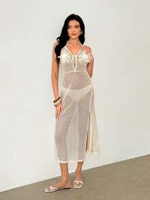 SHEIN Women's Sexy Beige Mesh Sheer Camisole Dress, Beach Party Cover Up For Swimsuit, Vacation Wear Summer - Beige - View 4