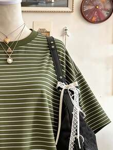 Lalippa Striped Digital Print Fashionable Minimalist Plus Size Women Long Loose Round Neck T-Shirt, Gift For Friends - Multicolor - View 3