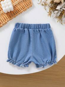 Quần short denim mùa hè cho bé gái, cạp chun, nơ và xếp ly ở gấu quần, kiểu dáng dễ thương, thoải mái. - Màu xanh lam - Xem 2