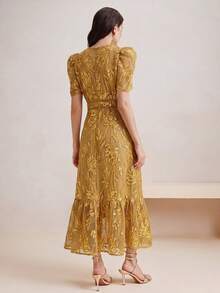 Anewsta Women's Elegant Lace Patchwork Beaded Embroidered Round Neck Short Sleeve Dress - Ginger - View 2
