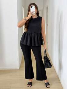 SHEIN LUNE Plus Size Women Versatile Solid Color Ruffle Hem Blouse Day Black Summer Casual - Black - View 7