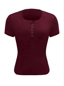 EMERY ROSE Women's Navy Solid Button-Up Short Sleeve Casual Cropped T-Shirt - Burgundy - View 6