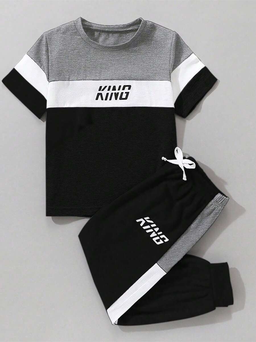 SHEIN Casuvi Kids 年轻男孩字母印花圆领短袖 T 恤和短裤休闲装 - 彩色 - 查看 1