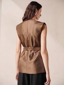 Aveloria Modichic Áo blazer nữ không tay cổ chữ V có thắt lưng, hàng mới về. - Màu be - Xem 5