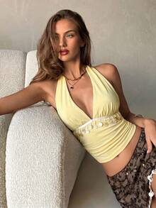 Aloruh Women's Deep V-Neck Fitted Pendant Decorated Camisole, Autumn/Winter,Summer Top - Light Yellow - View 7
