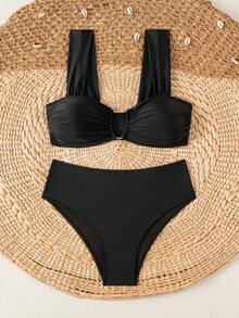 Swim Mod Springbreak Women's New Summer Random Ditsy Floral V-Neck Spaghetti Strap Sweet Floral Pattern Bikini Set - Black - View 6