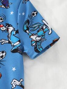 LOONEY TUNES X SHEIN GraphicGems 男婴卡通印花拉链休闲日常连体睡衣 - 藍色 - 查看 5