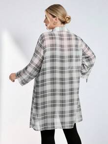 Chikora 大码女式格子袖口单排扣休闲衬衫 - 彩色 - 查看 2