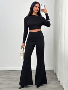 SHEIN Women's Solid Color Fashionable Zipper Button Flare Pants - Black - View 2