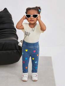 SHEIN Baby GirlColorful Heart Pattern Blue Denim Skinny Jeans Sports Stretchy And Comfortable Summer Festival Beach - Blue - View 7