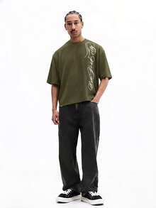 SUMWON Oversized Graphic Crew Neck Short Sleeve Cotton Tee Cursive Script Print Urban Streetwear Style Relaxed Fit Summer - Olive Green - View 5