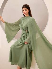 Graceveil Đầm xếp ly eo, cổ nhún, đính đá lấp lánh màu xanh ô liu - Màu xanh Ô liu - Xem 7